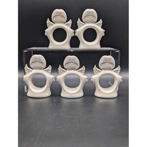 5 Set Vintage Hand Painted Ceramic Angel Napkin Ring Holder Glossy Christmas 80s